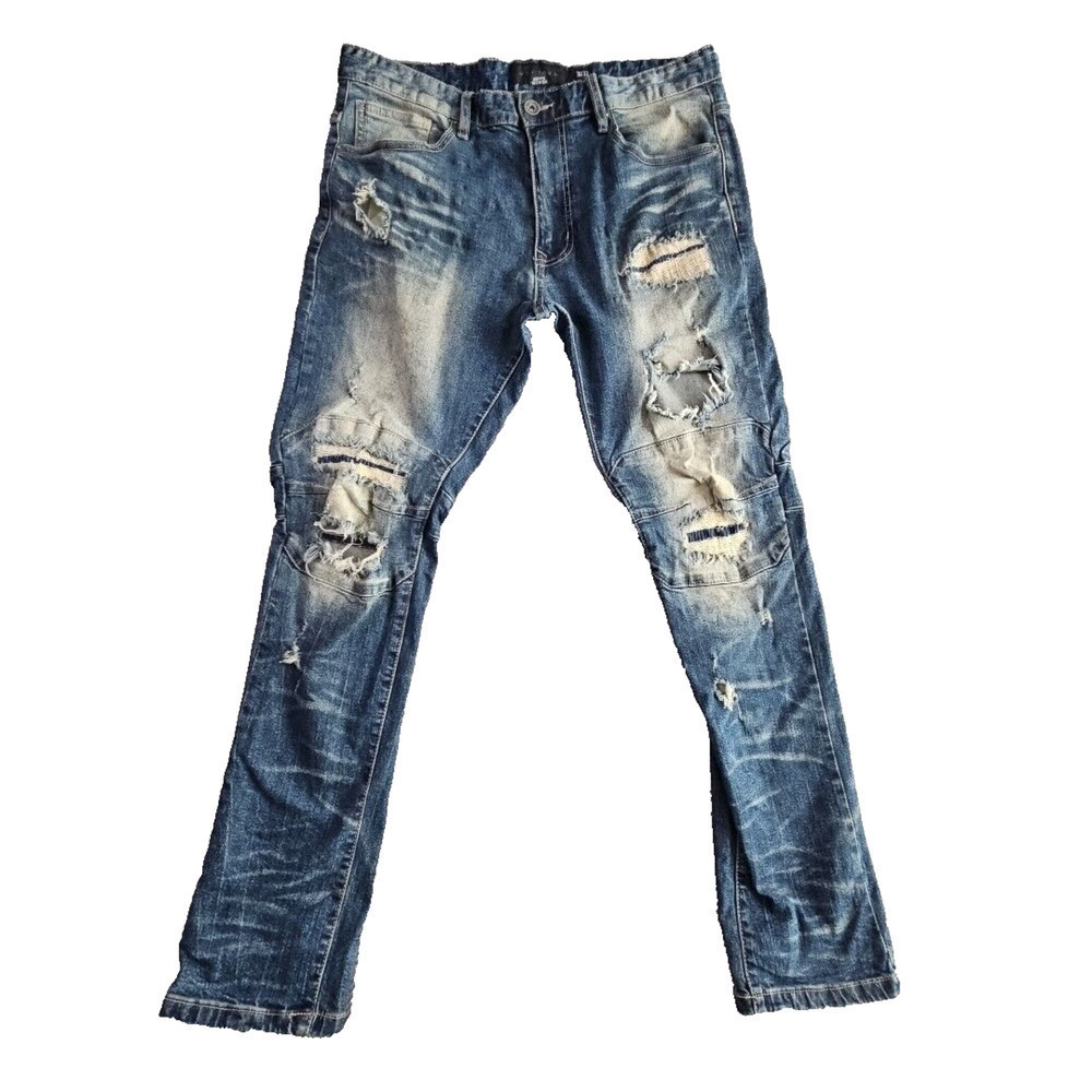 Decibel Jeans Men's 36x32 Medium Wash Blue Stretch Denim Distressed & Patched